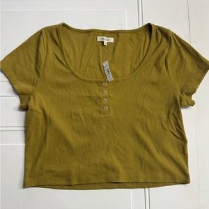 Madewell NWT Women’s XL Ribbed Henley Crop Top Olive Green Brown